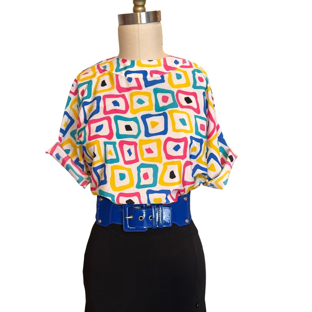 Vintage Geometric Square Print Blouse Women M Multi-Color 80s Retro Top